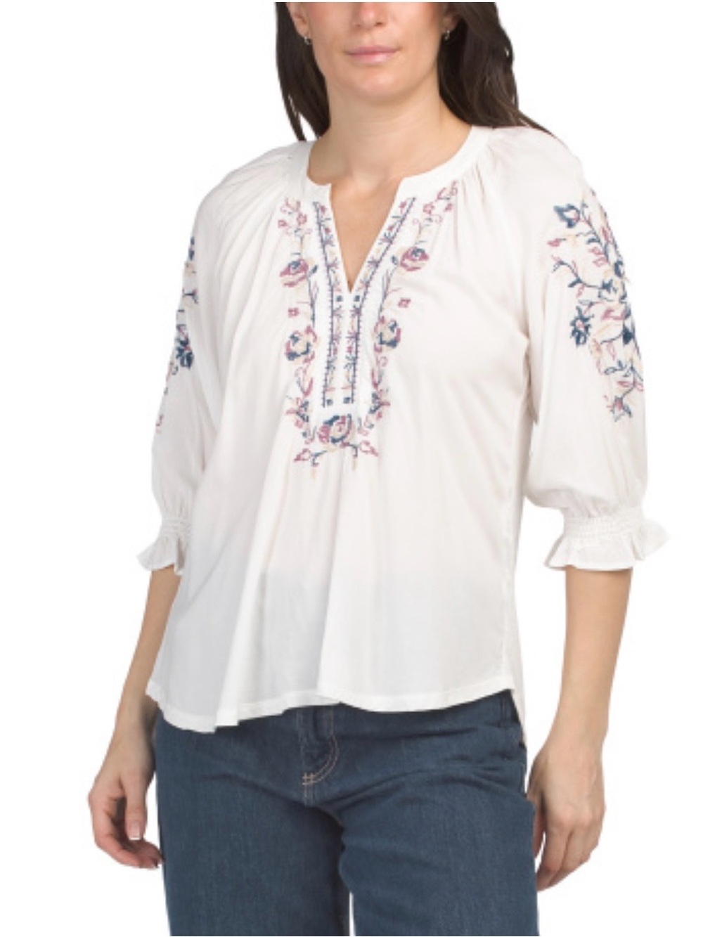 Democracy White Embroidered Peasant Top with Blue & Pink Floral Detail